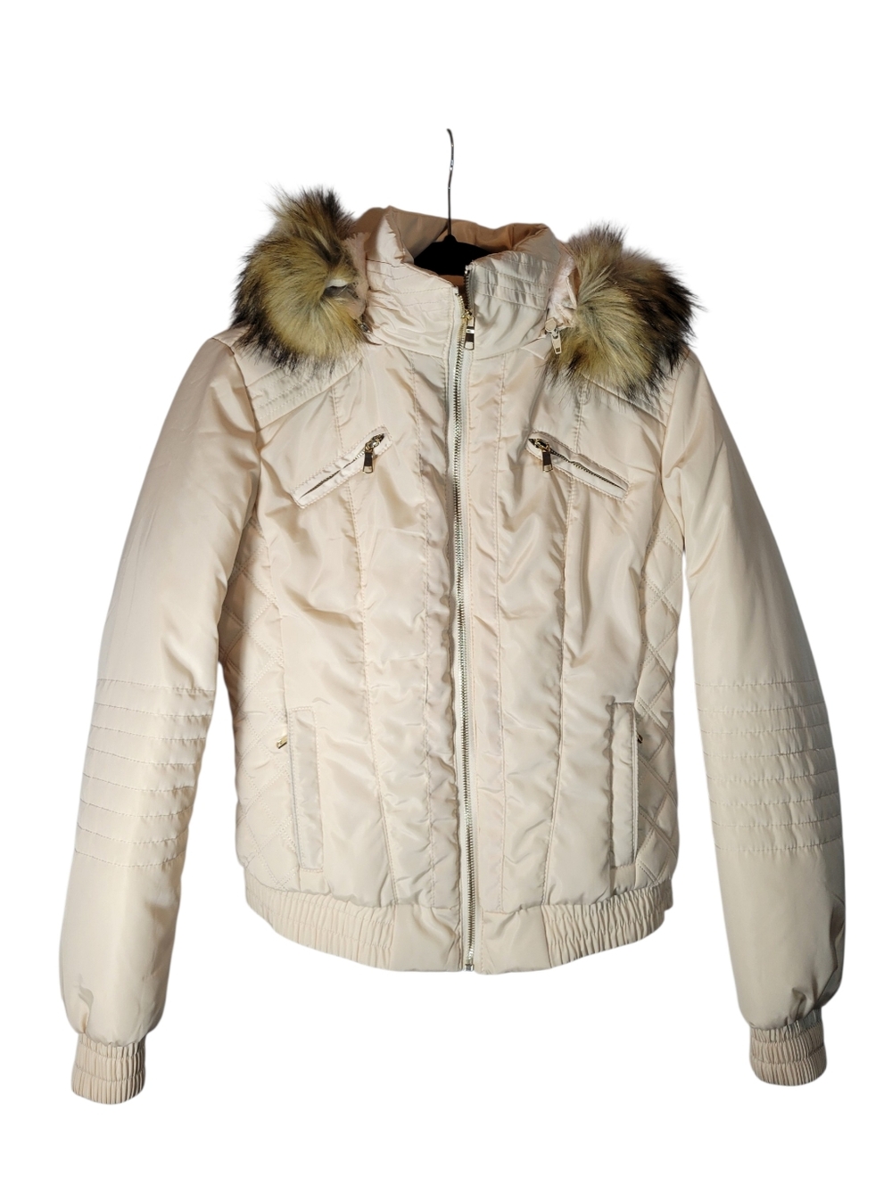 LA Coalition cream puffer jacket with faux fur collared hood Size Medium NWT